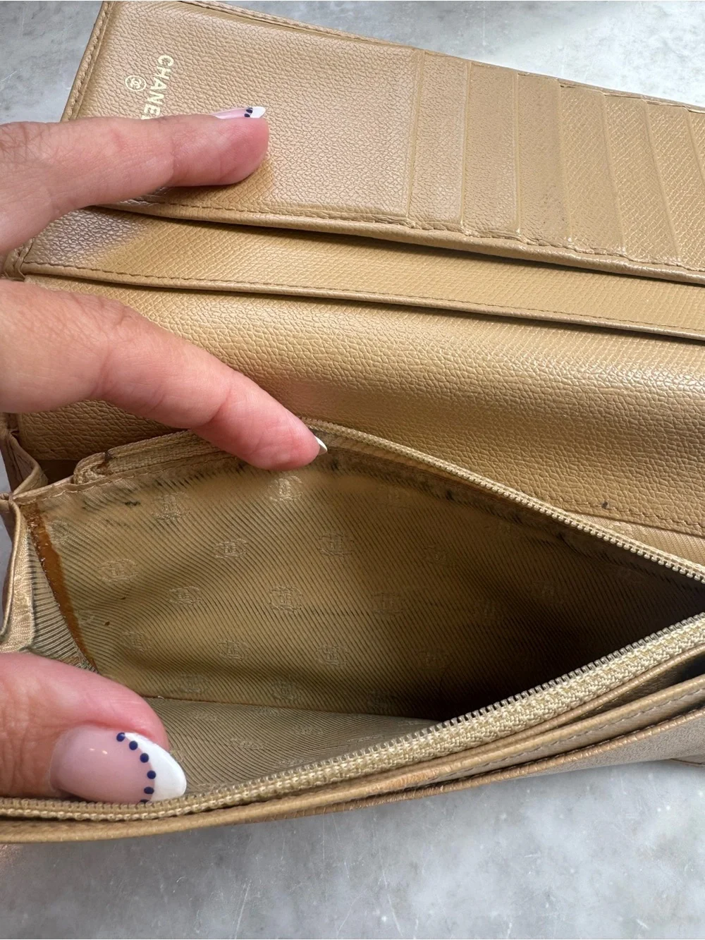 CHANEL Beige Leather Long Wallet with Gold CC Button
